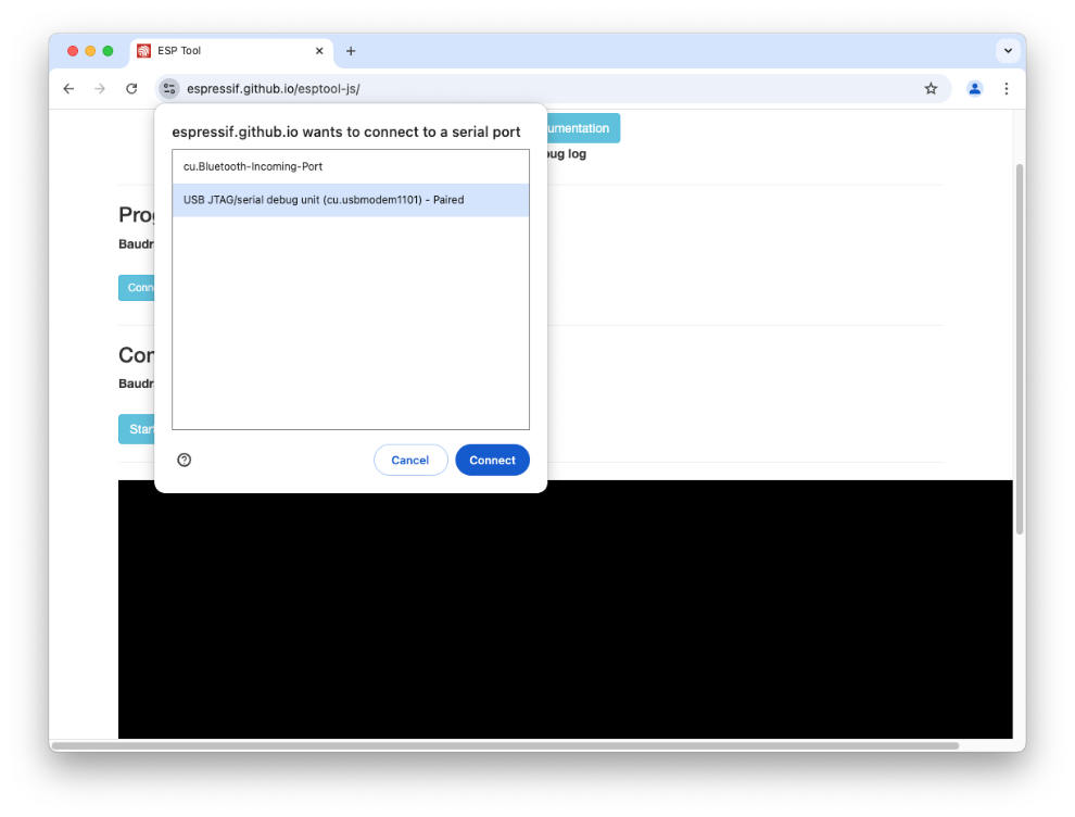 Screenshot of the Chrome window where you can select the serial port